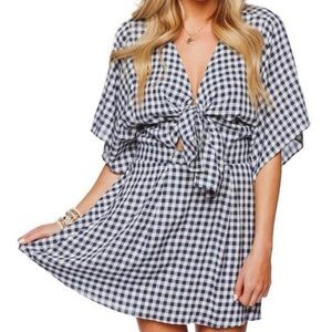 Buddy Love Connie Front Tie Gingham Print Mini Dress Navy Blue White NWT